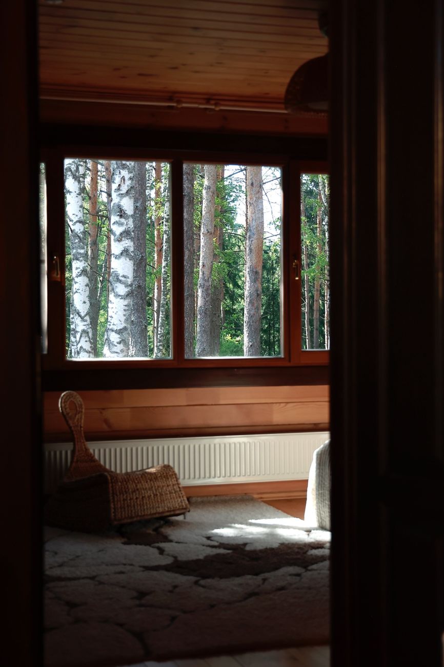 Cozy rustic minimalist cabin interior with large glass frames